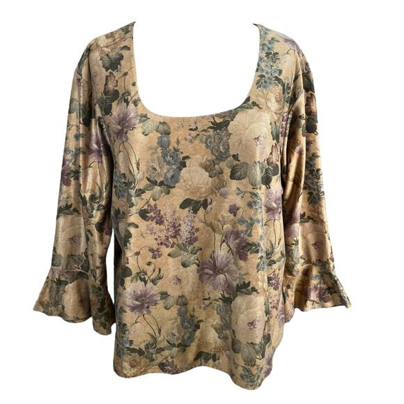 Coldwater Creek Floral Bell‎ Sleeve Boho Blouse Square Neck Romantic Top Size L - Picture 1 of 4